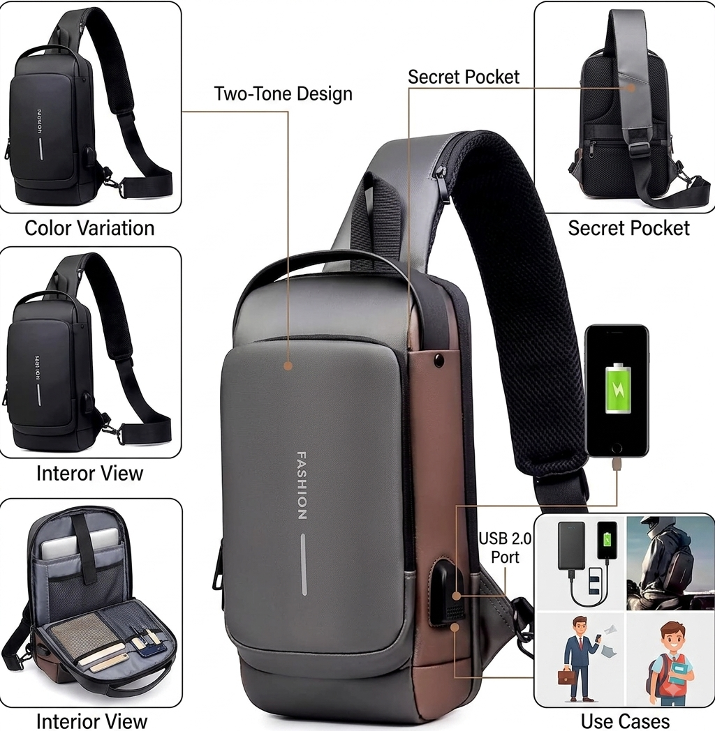 Waterproof Polyester Slim Unisex Crossbody Sling Bag Chest Backpack Men's