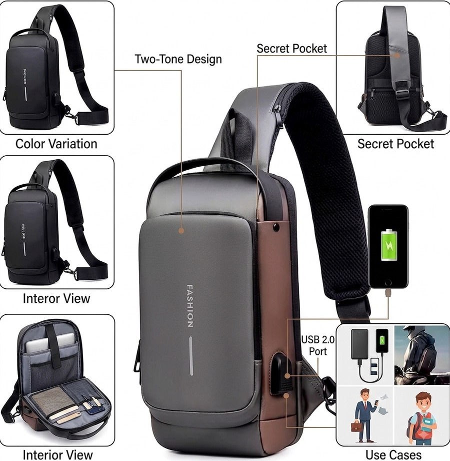 Waterproof Polyester Slim Unisex Crossbody Sling Bag Chest Backpack Men's