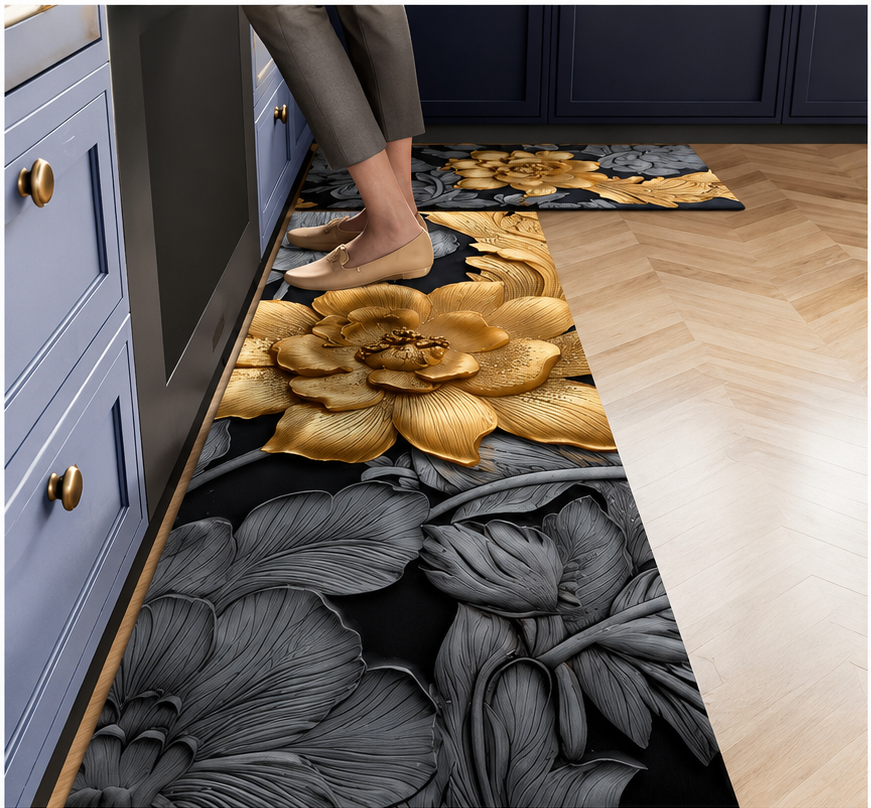 Flower desing 2 Pcs Kitchen Mats - Waterproof Memory Foam Standing Desk Floor Mat Non Slip Kitchen Rugs, Comforrt Runner Rug Floor Mat Carpets for Kitchen Home Office, Sink & Laundry (118 * 38 cm, 58 * 38 cm, pack of 2 piece, multicolor)