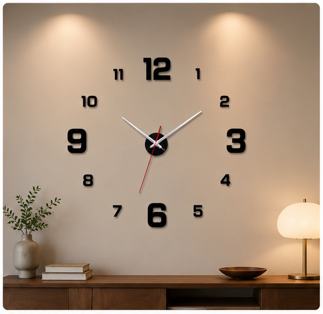 Large adjustable 3D Frameless Wall Clock Stickers DIY Wall Decoration for Living Room Bedroom Office (Black)