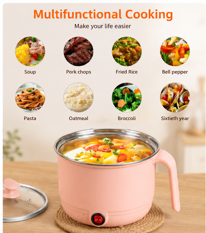 Electric Cooking Pot and Steamer 1.5L Multi Cooker with Concealed Base | Mini Noodle Maker Egg Boiler Vegetable Rice Cooker