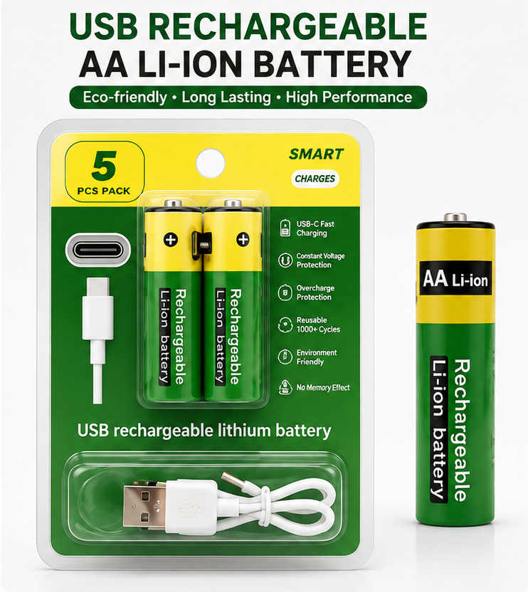 USB Rechargeable AA Batteries 3400mWh 1.5V Lithium Ion Battery with Type-C Charging Cable, Fast Charge AA Rechargeable Cell, 1000+ Cycles for Remote, Mouse, Camera (Pack of 1)