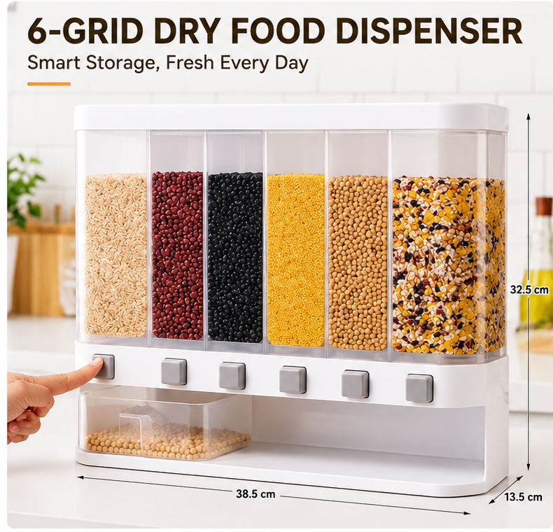 Wall-Mounted Dry Food Dispenser 6-Grid Cereal Dispensers Kitchen Food Storage Container, Grain For Kitchen, Home, Plastic
