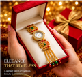 Luxury Gold Bracelet Watch for Women | Designer Ethnic Wrist Watch with Red & Green Stones | Traditional Indian Jewelry Watch | Festive & Wedding Wear Gift for Ladies