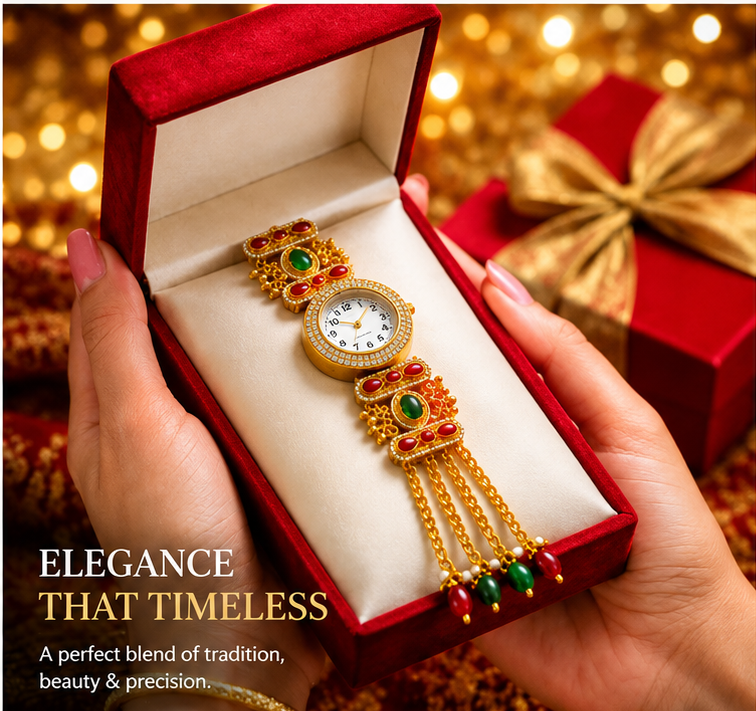 Luxury Gold Bracelet Watch for Women | Designer Ethnic Wrist Watch with Red & Green Stones | Traditional Indian Jewelry Watch | Festive & Wedding Wear Gift for Ladies