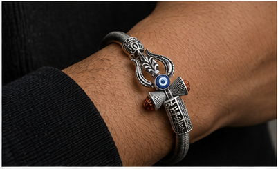 Mahakal Evil Eye Kada Bracelet for Men | Stylish Rudraksha Silver Kada