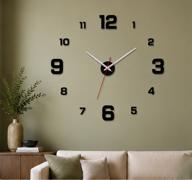 Large adjustable 3D Frameless Wall Clock Stickers DIY Wall Decoration for Living Room Bedroom Office (Black)