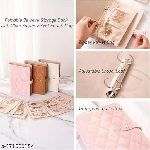 Travel Jewelry Case, Jewelry Organizer Box with Clear Zipper Velvet Jewelry Pouch Bag, PU Leather Jewelry Case, Gift for Women-Pink.