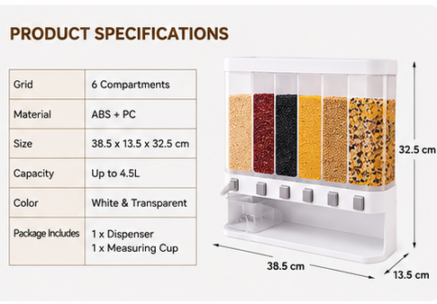Wall-Mounted Dry Food Dispenser 6-Grid Cereal Dispensers Kitchen Food Storage Container, Grain For Kitchen, Home, Plastic