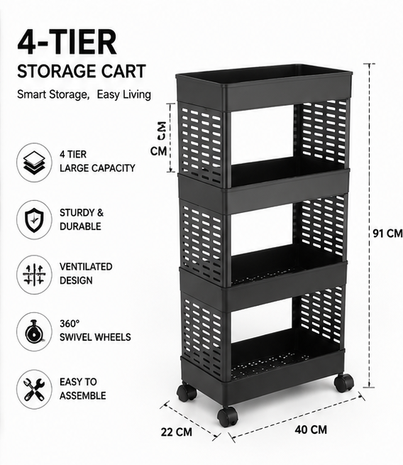 ELIGHTWAY MART 4 Tier Kitchen Rack for Storage Onion Potato Aloo Pyaaz,Fruit,Vegetable,Sabji Stand for Kitchen-(BLACK)