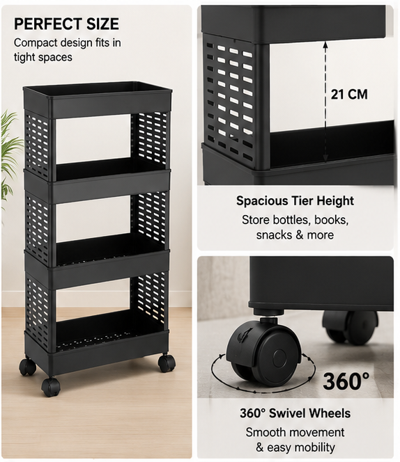 ELIGHTWAY MART 4 Tier Kitchen Rack for Storage Onion Potato Aloo Pyaaz,Fruit,Vegetable,Sabji Stand for Kitchen-(BLACK)