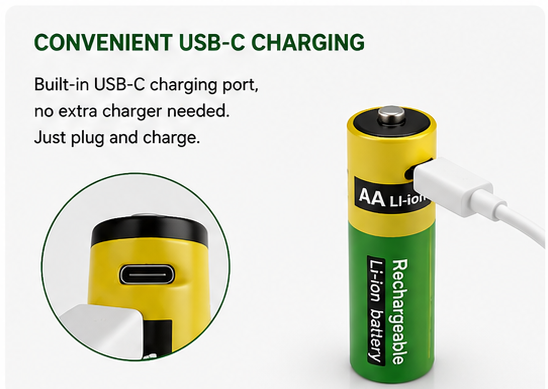 USB Rechargeable AA Batteries 3400mWh 1.5V Lithium Ion Battery with Type-C Charging Cable, Fast Charge AA Rechargeable Cell, 1000+ Cycles for Remote, Mouse, Camera (Pack of 1)