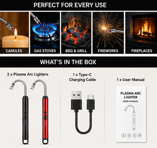 Flexible Neck USB Plasma Arc Lighters for Candles, Gas Stove & BBQ [ PACK OF 2, MULTICOLOR ]