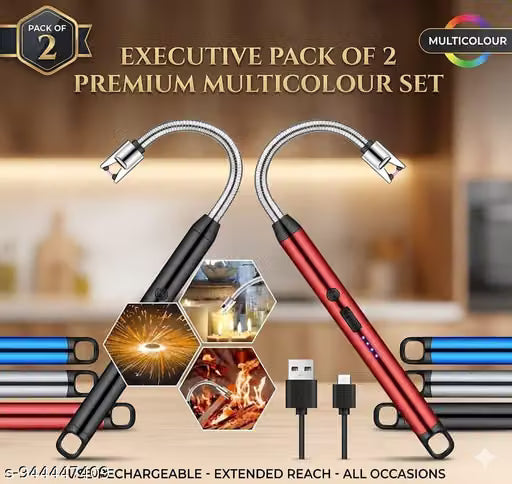 Flexible Neck USB Plasma Arc Lighters for Candles, Gas Stove & BBQ [ PACK OF 2, MULTICOLOR ]