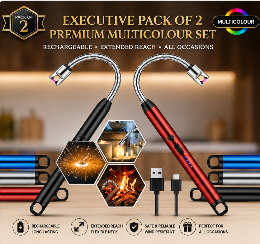 Flexible Neck USB Plasma Arc Lighters for Candles, Gas Stove & BBQ [ PACK OF 2, MULTICOLOR ]