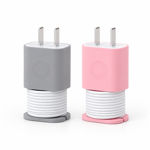 Pink and grey 2-in-1 silicone charger protectors with neatly wound cables on a clean white background