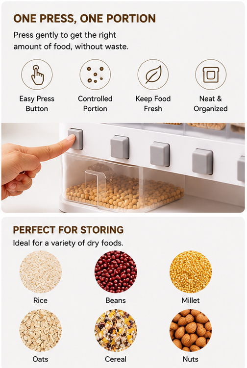 Wall-Mounted Dry Food Dispenser 6-Grid Cereal Dispensers Kitchen Food Storage Container, Grain For Kitchen, Home, Plastic