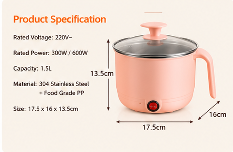 Electric Cooking Pot and Steamer 1.5L Multi Cooker with Concealed Base | Mini Noodle Maker Egg Boiler Vegetable Rice Cooker