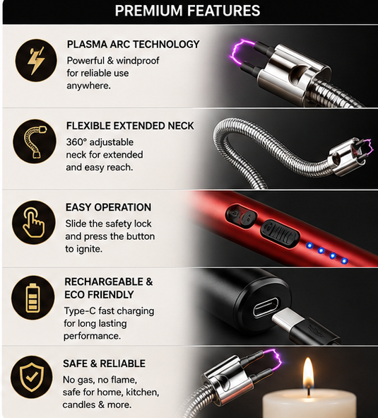 Flexible Neck USB Plasma Arc Lighters for Candles, Gas Stove & BBQ [ PACK OF 2, MULTICOLOR ]