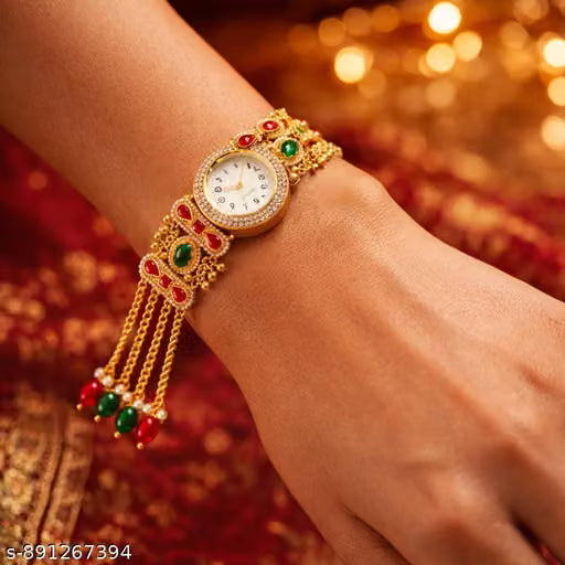 Luxury Gold Bracelet Watch for Women | Designer Ethnic Wrist Watch with Red & Green Stones | Traditional Indian Jewelry Watch | Festive & Wedding Wear Gift for Ladies