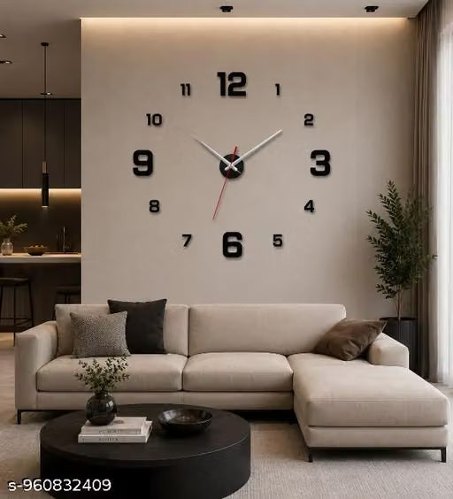 Large adjustable 3D Frameless Wall Clock Stickers DIY Wall Decoration for Living Room Bedroom Office (Black)