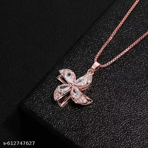 RARE1STUDIO Solitaire Pendant with Chain Rhodium Cubic Zirconia Sterling Rose Gold Pendant For Womens's & Girl's