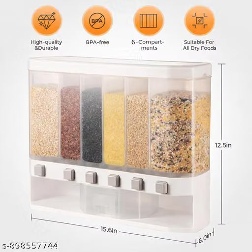 Wall-Mounted Dry Food Dispenser 6-Grid Cereal Dispensers Kitchen Food Storage Container, Grain For Kitchen, Home, Plastic