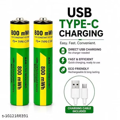 USB Rechargeable AA Batteries 3400mWh 1.5V Lithium Ion Battery with Type-C Charging Cable, Fast Charge AA Rechargeable Cell, 1000+ Cycles for Remote, Mouse, Camera (Pack of 1)