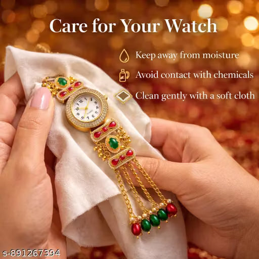 Luxury Gold Bracelet Watch for Women | Designer Ethnic Wrist Watch with Red & Green Stones | Traditional Indian Jewelry Watch | Festive & Wedding Wear Gift for Ladies