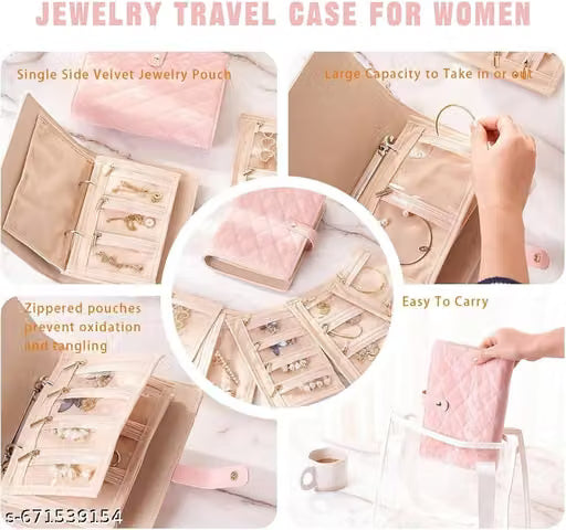 Travel Jewelry Case, Jewelry Organizer Box with Clear Zipper Velvet Jewelry Pouch Bag, PU Leather Jewelry Case, Gift for Women-Pink.