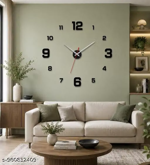 Large adjustable 3D Frameless Wall Clock Stickers DIY Wall Decoration for Living Room Bedroom Office (Black)