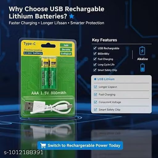 USB Rechargeable AA Batteries 3400mWh 1.5V Lithium Ion Battery with Type-C Charging Cable, Fast Charge AA Rechargeable Cell, 1000+ Cycles for Remote, Mouse, Camera (Pack of 1)