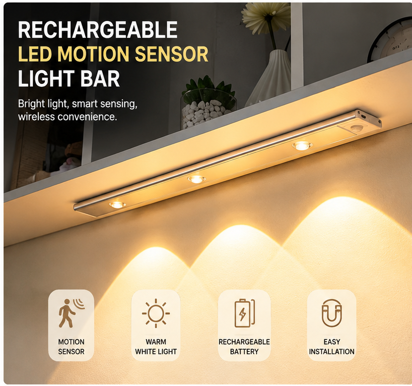 ABFASHION Under Cabinet Lights LED Motion Sensor Indoor, USB Rechargeable ,3 Light Modes Stepless Dimming Hill Light, 6500K Night Light for Closet Cabinet Kitchen Wardrobe (15.74in/40cm)