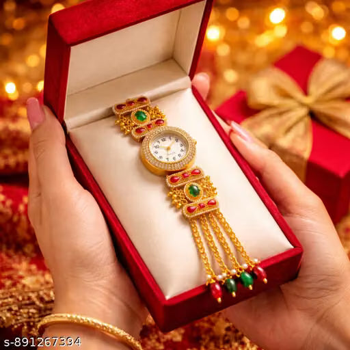 Luxury Gold Bracelet Watch for Women | Designer Ethnic Wrist Watch with Red & Green Stones | Traditional Indian Jewelry Watch | Festive & Wedding Wear Gift for Ladies