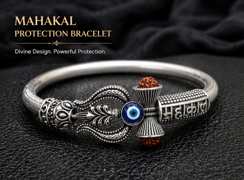 Mahakal Evil Eye Kada Bracelet for Men | Stylish Rudraksha Silver Kada