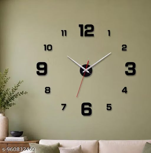 Large adjustable 3D Frameless Wall Clock Stickers DIY Wall Decoration for Living Room Bedroom Office (Black)