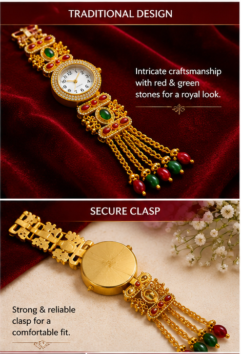 Luxury Gold Bracelet Watch for Women | Designer Ethnic Wrist Watch with Red & Green Stones | Traditional Indian Jewelry Watch | Festive & Wedding Wear Gift for Ladies