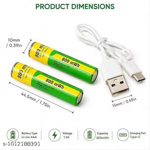 USB Rechargeable AA Batteries 3400mWh 1.5V Lithium Ion Battery with Type-C Charging Cable, Fast Charge AA Rechargeable Cell, 1000+ Cycles for Remote, Mouse, Camera (Pack of 1)